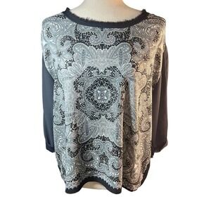 3/$27 Women's Mango Mandela Blouse, 3 Quarter Sleeves, Black & White, Small